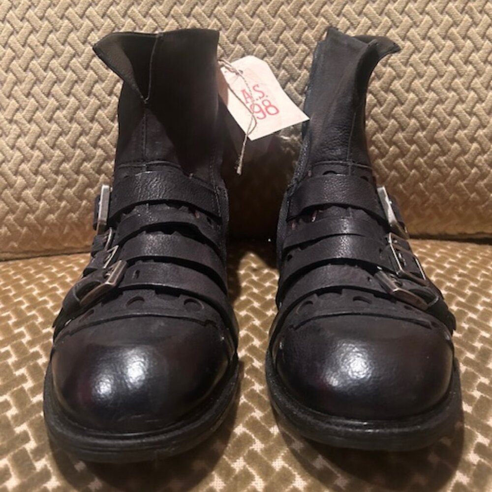 A.S. 98 x Free People Vivi Black Leather Buckle Moto Boho Ankle Dot Boots